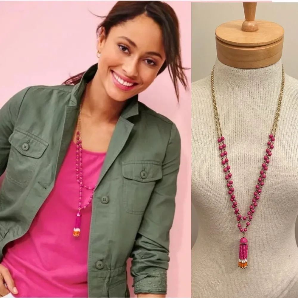 Talbots BEADED TASSEL NECKLACE Elegant Pink Beaded Necklace with Striped Tassel